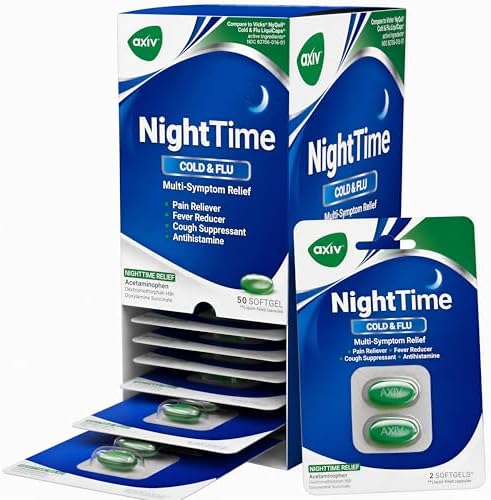 AXIV Nighttime Cold & Flu Relief Softgels, Multi-Symptom Nighttime Relief for Headache, Fever, Sore Throat, Minor Aches and Pains, Sneezing, Runny Nose, and Cough 24 Count