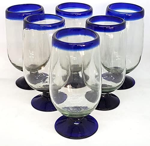 Cobalt Blue Rim 13 oz Wine Glasses (set of 6), Recycled Glass, Lead-free, Toxin-Free (13oz Wine)