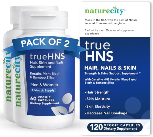 NatureCity True-HNS Hair Nails and Skin Cynatine Keratin and Plant Based Biotin Vitamin Supplement | Fuller and Stronger Hair and Nails | Non GMO | 60 Veggie Capsules
