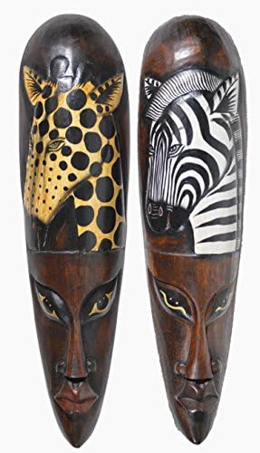 Set of 2 African Zebra and Giraffe Mask Large Jungle Art 20"