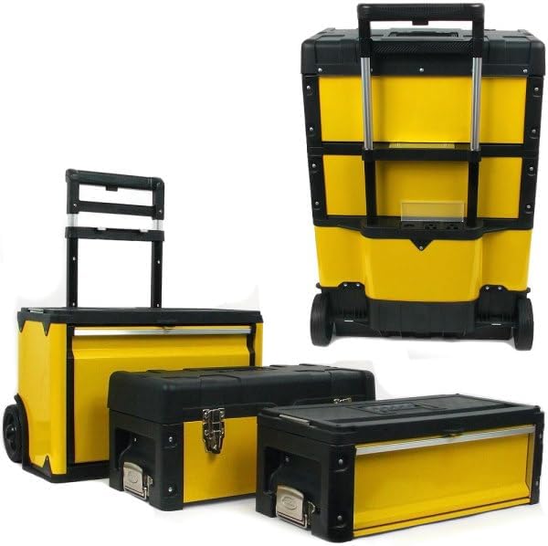 Portable Tool Box on Wheels - Stackable 3-in-1 Chest for Workshops and Craft Rooms - Foldable Comfort Handle and Latches by Stalwart (Black/Yellow)