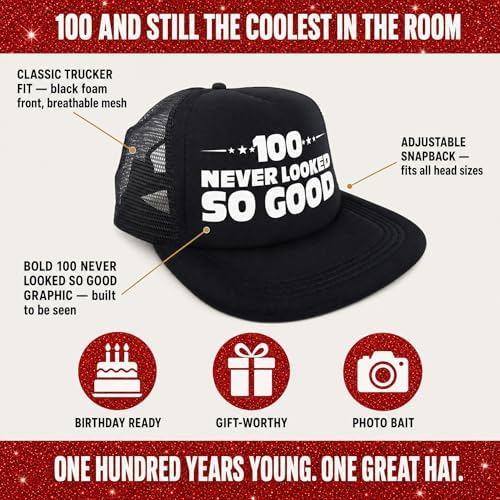 Sterling James Co. 100 Never Looked So Good Novelty Trucker Hat - Funny 100th Birthday Gifts for Him or Her - Birthday Party Decorations and