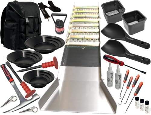 Complete Gold Mining Kit, Folding 50 inch River Sluice Box, Prospecting Equipment, Rock Pick Hammer, Gold Classifiers, Pay Dirt Scoop