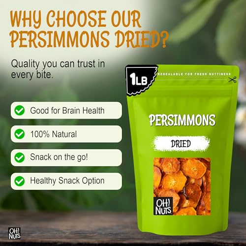 Oh! Nuts Dried Persimmon Slices No Sugar Added Dehydrated Fruit 1lb | Dried persimmons no sugar added - Dehydrated fruit slices - Persimmon fruit