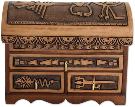NOVICA Artisan Handmade Leather Cedar Wood Jewelry Chest Nazca Pattern from Peru Brown Boxes Colonial Cultural Animal Themed [8.25in H x 11.5in W x