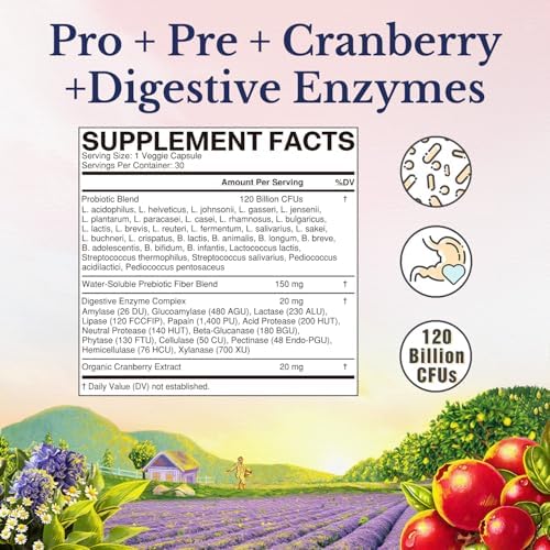 Vitalitown Probiotics for Women 120 Billion CFUs, 30 Strains, with Prebiotics & Digestive Enzymes & Cranberry, Gut & Vaginal Health