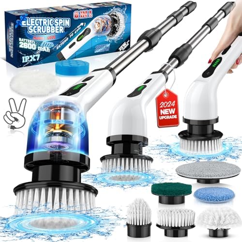 Electric Spin Scrubber, IPX7 Waterproof Cordless Cleaning Brush with 8 Replaceable Heads, Dual Speed & USB-C Charging