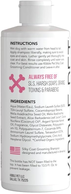 Kibble Pet Dog Shampoo Silky Coat Vanilla Natural Argan Pet Wash 13.5 oz – Hypoallergenic Professional Cleansing Shampoo with Coconut Oil and Aloe