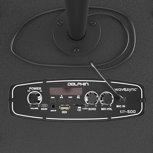 Dolphin Portable Bluetooth Party Speaker with Wired Microphone & Stand | WaveSync Pairing, LED Lights, USB, TF, FM Radio & AUX Inputs, Phone Holder