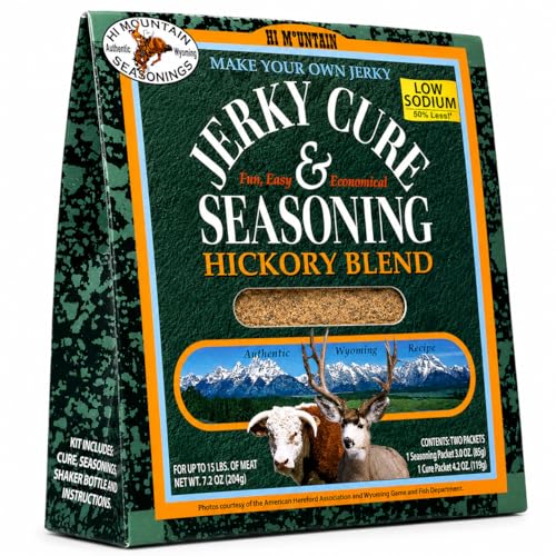Hi Mountain HUNTERS BLEND Jerky Seasoning and Cure Kit | Low Sodium | Savory hunter-style flavor, perfect beef jerky seasoning for deer, elk, & venison. Smoker, dehydrator, or oven. Makes 15 lbs