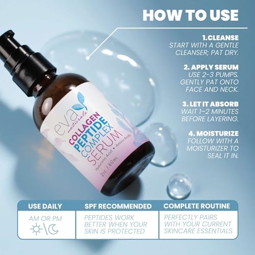 Eva Naturals Collagen Peptide Serum, Hyaluronic Acid, Fine Lines, 2 oz | Firming, hydrating, wrinkle reducer, anti-aging, for women & men, for face