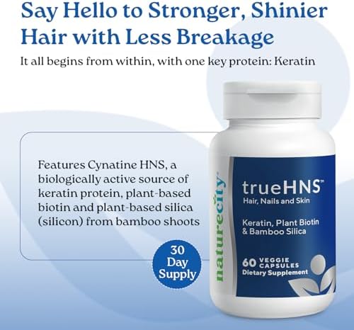 NatureCity True-HNS Hair Nails and Skin Cynatine Keratin and Plant Based Biotin Vitamin Supplement | Fuller and Stronger Hair and Nails | Non GMO | 60 Veggie Capsules