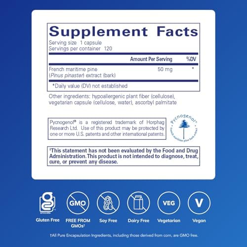 Pure Encapsulations Pycnogenol (Pine Bark Extract) 50 mg | Hypoallergenic Supplement to Support Cognitive Function and Cardiovascular Health* | 60 Capsules | 50 mg, Hypoallergenic Supplement to Support Cognitive Function and Cardiovascular Health*