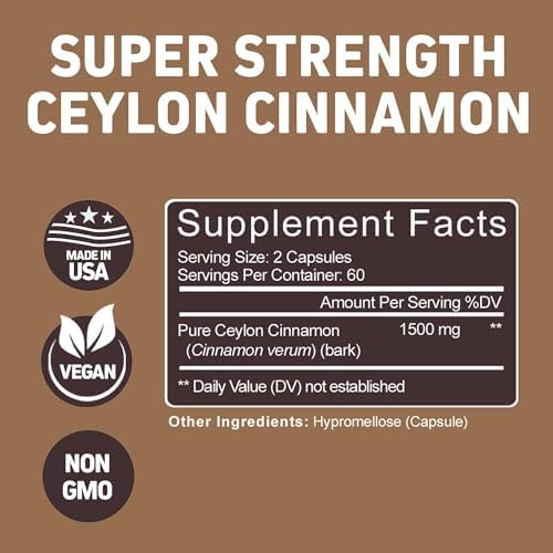 Herbtonics Pure Ceylon Cinnamon Capsules | Immune System, Healthy Weight Management | Non-GMO, Gluten Free | 1500 Mg - 120 Capsules
