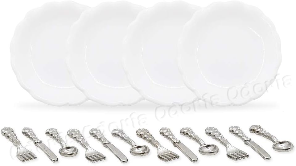 Odoria 1/12 Miniature Plates and Silverware Knife Fork Spoon Set Dollhouse Accessories, Silver