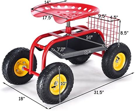 Giantex Rolling Garden Work Seat, 360 Swivel Gardening Workseat with Wheels, Tool Basket, Adjustable Height, Outdoor Scooter for Sitting, Gardening Stool Chair for Planting Trimming, Red