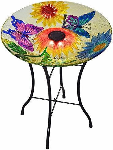 Teamson Home Handpainted Hummingbird Fusion Glass Birdbath Bowl Feeder with Metal Stand for Outdoor Patio Garden Backyard Decking, 21 Inch Height, Purple/Light Blue | Fusion Glass, Metal Stand, Outdoor Patio Garden Backyard Decking, 21 Inch Height