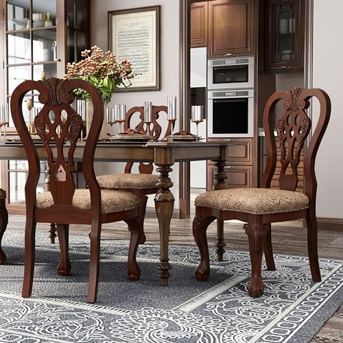 Furniture of America Madeline Traditional Solid Wood Kitchen and Dining Room Chairs Set of 2 with Pattern Fabric Upholstered, Antique Padded Side Seat