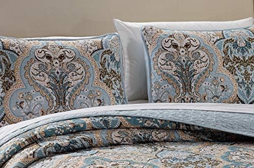 Luxury Home Collection 3 Piece Full/Queen Quilted Reversible Coverlet Bedspread Set Floral Printed Blue Taupe