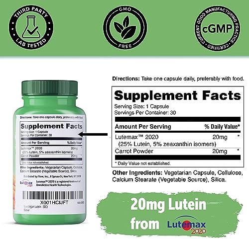 Yuve 20mg Lutein & Zeaxanthin Eye Health Supplement with Clinically Studied Lutemax 2020 Carotenoid Complex - Supports Dry Eyes