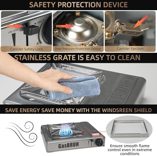 GasBRUH Propane or Butane Camping Stove with Windblocker, Dual Fuel 10,000 BTU Stainess Steel Propane Stove for Camping(TANK not included)