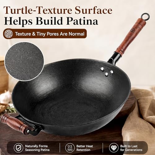 WANGYUANJI 12.6 Inch Cast Iron Wok with Wooden Lid, Handcrafted Flat Bottom Chinese Stir Fry Pan, Uncoated Heavy-Duty Iron Wok for Induction, Gas