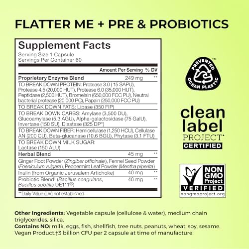 HUM Flatter Me Digestive Enzymes, Digestion & Bloating Support, 60 Count | 18 Digestive Enzymes, Ginger, Peppermint & Fennel, Women & Men, Vegan, Non-GMO, 60 Capsules