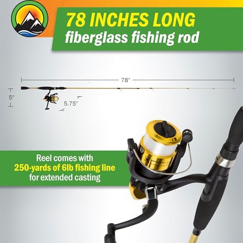 Fiberglass Fishing Pole - Strike Series 78-Inch Collapsible Rod and Spinning Reel Combo, EVA Handle, Pre-Spooled Reel, Fishing Gear for Catching Walleye, Bass, Trout, and More by Wakeman