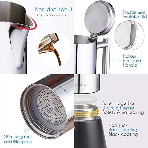 Easyworkz Diego Stovetop Espresso Maker Stainless Steel Italian Coffee Machine Maker 6Cup 10 oz Moka Pot Induction Espresso Pot