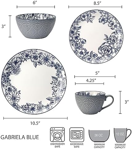 Pfaltzgraff Gabriela Blue 16-Piece Dinnerware Set, Service for 4, Durable Stoneware Plates, Bowls, and Mugs with Elegant Blue Pattern, Dishwasher Safe