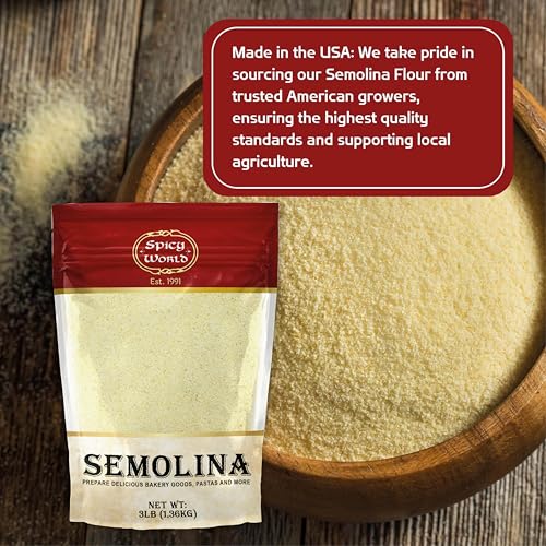 Spicy World Semolina Flour 3 LB (48 Ounce) | USA Grown Semolina for Pizza, for Pasta, and Bread Making | Fine Ground, Bulk Yellow Durum Semola Flour for Pizza Peel