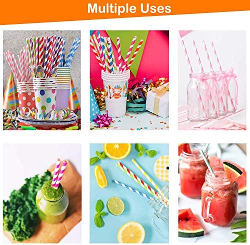 Paper Straws Disposable - 200 Pack - Durable & Non-Soggy Striped Paper Straws for Drinking in 10 Colors - 100% Biodegradable & Eco-Friendly for