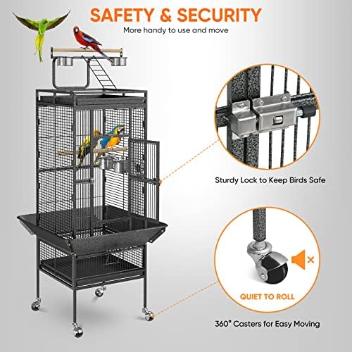 68 inch Iron Bird Cage, Play Top Parrot Cage with Rolling Stand for Parrot Cockatiels Parakeet Cage Macaw Finch Cockatoo Perch Pet House, Black