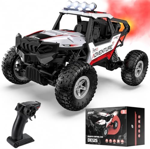 DEERC DE125 1:14 RC Car for Kids,4WD Remote Control Off-Road Monster Truck | RC Rock Crawler with Mist Spray,Metal Shell, LED Lights, 2.4GHz All-Terrain Car, 2 Batteries, Gifts for Beginners and boys