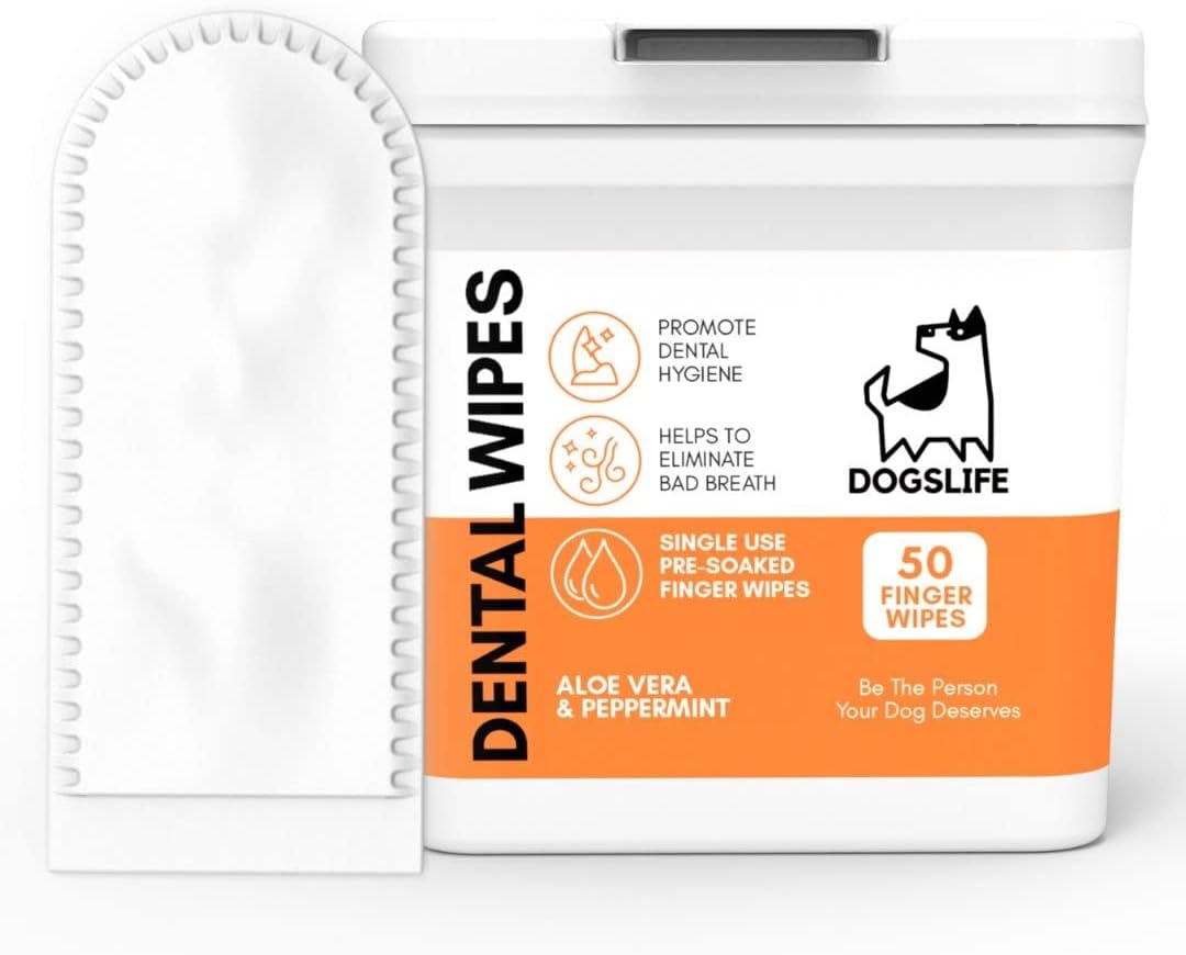 DogsLife Dog Tooth Wipes | Quick & Easy Finger Wipes for Teeth | Remove Tartar & Fight Bad Breath | Naturally Soothing Aloe Vera & Peppermint! Pack