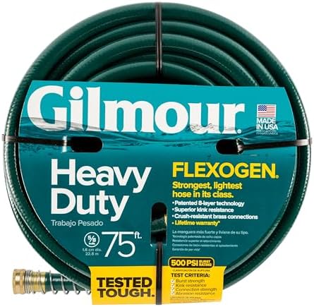Gilmour 864751-1001 75ft Heavy Duty Flexogen Garden Hose, 5/8" Diameter | Heavy Duty Build, 500 PSI, Kink-Resistant Layers, Brass Fittings, All-Weather Durability, Made in USA