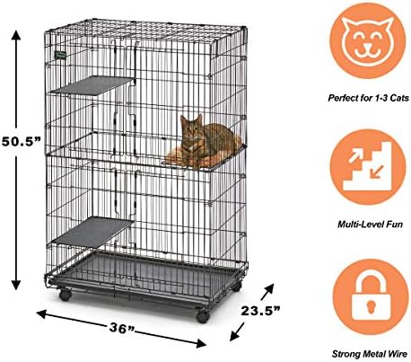 MidWest Homes for Pets Folding Metal Indoor Cat Playpen, Cage Includes Locking Wheels, 3 Platforms, Removable Tray, Plush Bed, Suited for 1-3 Cats