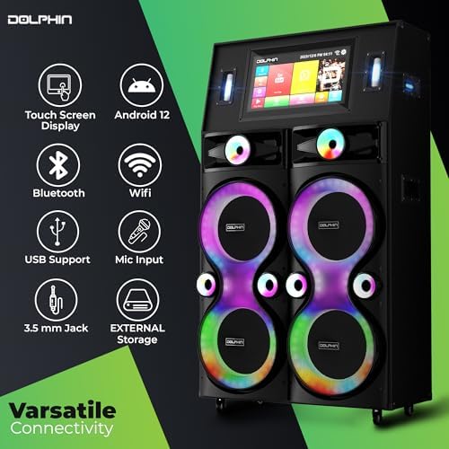 Dolphin Karaoke Machine with 2 Wireless Microphones, Quad 12" Woofers | 18.5" Touchscreen, 300W RMS, Android, Bluetooth, Wi-Fi, HDMI/USB/SD Card/AUX