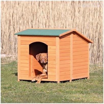 Trixie Natura Classic Dog House - Wooden Outdoor Shelter with Weatherproof Sealer, Hinged Roof & Adjustable Legs for Medium Dogs - Gray - 27 x 41 x 28.5 in