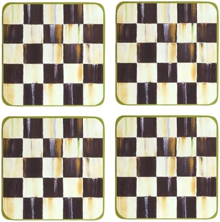 MACKENZIE-CHILDS Square Coasters Set, Black-and-White Courtly Check | Hand-painted design, made from MDF with a cork back, table coasters for drinks, 4" square, set of 4
