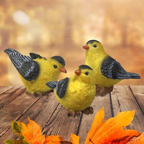 BANBERRY DESIGNS Goldfinch Bird Figurines Set of 3, Hand-Painted Polystone Birds in 3 Poses, Small Decorative Bird Statues for Home, Garden, Mantel, Shelf and Spring Decor, 3 Inch