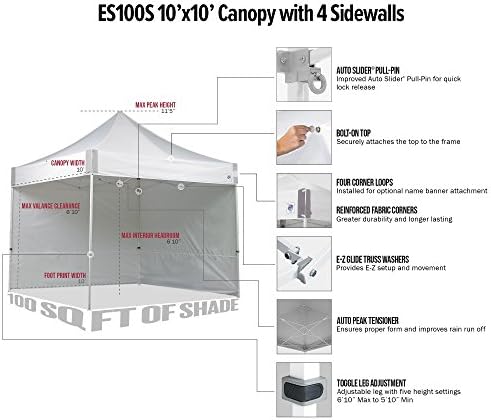 E-Z UP ES100S Instant Commercial Pop Up Canopy Tent, 10' x 10' with 3 Sidewalls, 1 Mid-Zip Sidewall and Wide-Trax Roller Bag, White