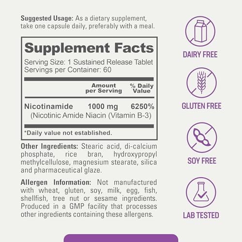 biophix B-3 Nicotinamide 1000 mg 60 Tablets Extra Strength Timed Release - Nicotinic Amide Niacin Natural Flush-Free Vitamin Formula - Supports Skin