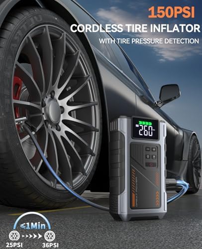 Car Battery Charger Jump Starter with Air Compressor, 4500A Jump Box for Car Battery Portable Jumper Cables with Battery Pack, 12V Jumpstart Combo 150PSI Tire Inflator Air Pump (8.5L Gas/7.0L Diesel)