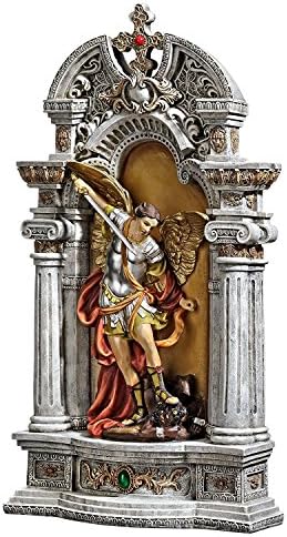 Design Toscano Niche of Michael the Archangel Religious Statue and Wall Art Hanging, 8 inches wide, 15 inches tall, Cast Stone Resin, Full Color Paint