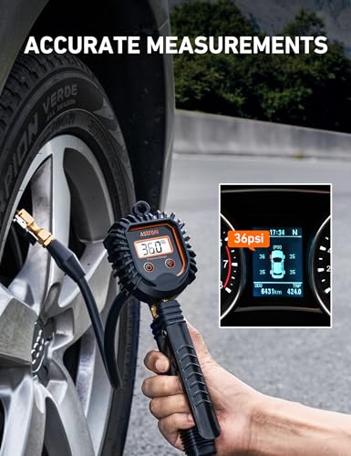 AstroAI Digital Tire Pressure Gauge, Heavy Duty Tire Inflator Gauge 250PSI Air Chuck Compressor Accessories with Stainless Braided Hose