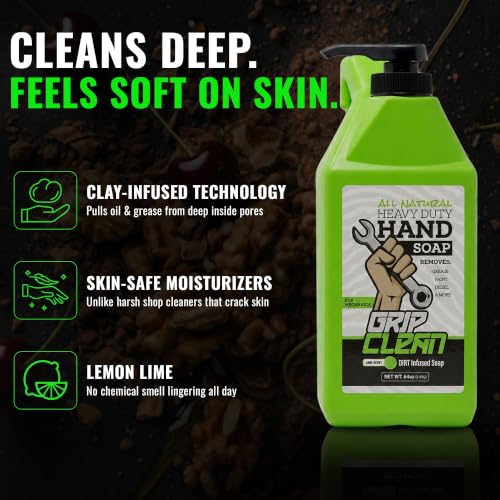 Grip Clean Heavy Duty Hand Cleaner For Mechanics, Natural Pumice, 64 Oz | Clay Infused, Grease, Oil, Grime Remover, Moisturizing Coconut Olive Oils, Lime Scent, For Shop, Garage, Industrial Use