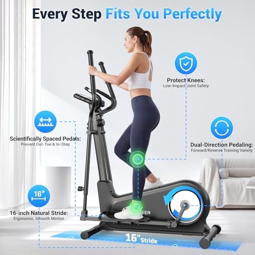 ANCHEER Elliptical Exercise Machine Foldable Elliptical Trainer 16" Stride | Ultra-Silent Elliptical Machine for Home, 550LBS Loading Capacity, 16 Resistance Levels &Pulse Rate Grips &Adjustable Pedals