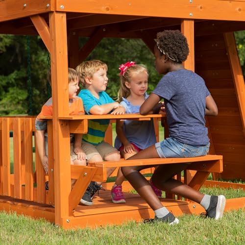 Backyard Discovery Skyfort II Cedar Wood Swing Set with Wave Slide, Raised Clubhouse, Crow's Nest, Monkey Bars, Balcony, Belt Swings, Trapeze