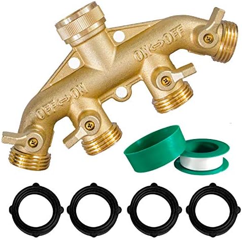 Hourleey Brass Garden Hose Splitter (4 Way), Solid Brass Hose Connector 3/4", Hose Spigot Adapter 4 Valves with 4 Extra Rubber Washers